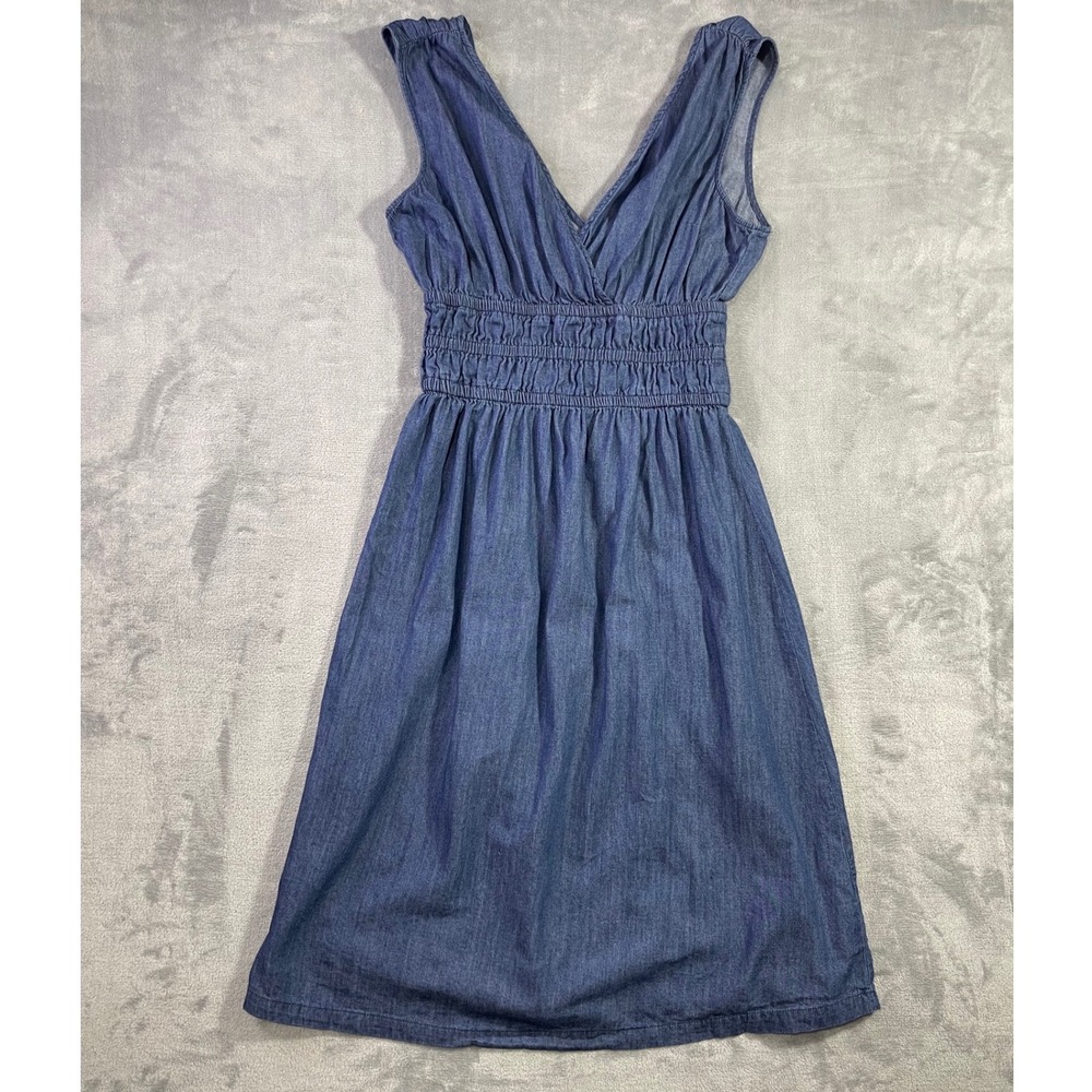 Given Kale Womens Blue Denim Cotton Smocked Waist V-Neck Midi Dress L